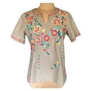 Savanna Jane Tan Cotton Embroidered Boho Top SMALL Peasant Mexican Embroidery